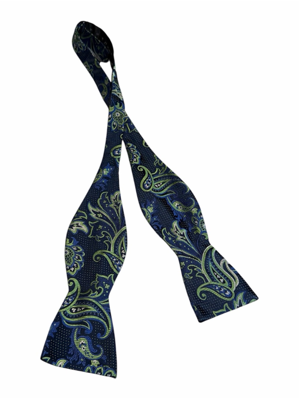 The Tie Bar Navy & Green Paisley Silk Self Tie Bow Tie